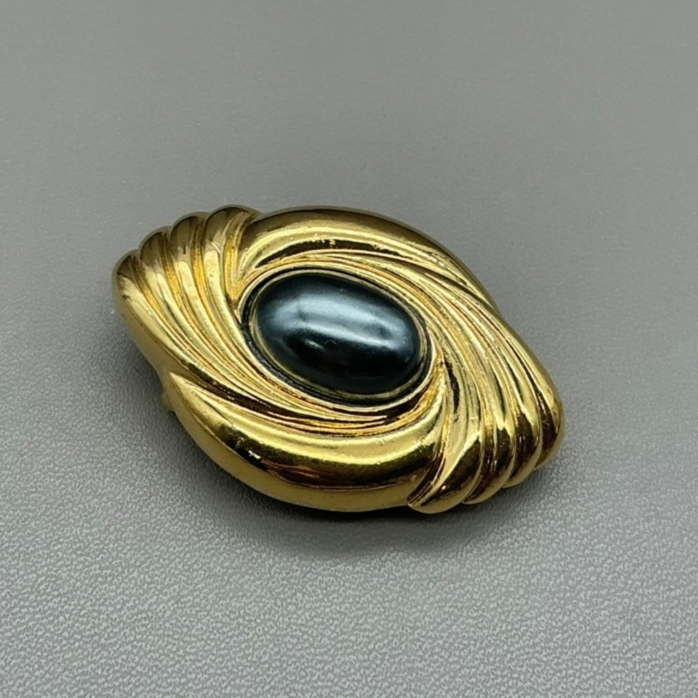 Brooch Pin Womens Gold Tone Faux Black Pearl Swirl Vintage Costume 1.5 Inches